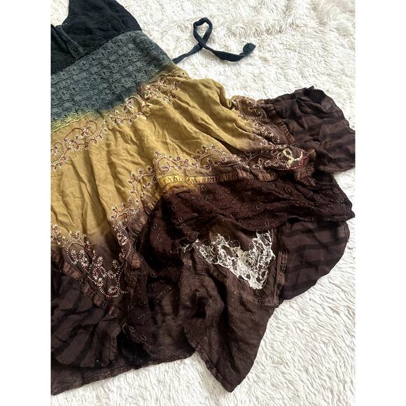 Fairy Fairycore Embroidered Handkerchief Smocked Bodice Halter Dress Mini Vneck - Picture 6 of 10